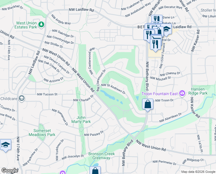 map of restaurants, bars, coffee shops, grocery stores, and more near 16078 Northwest Saint Andrews Drive in Portland