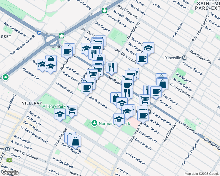 map of restaurants, bars, coffee shops, grocery stores, and more near 7500 Rue Marquette in Montréal