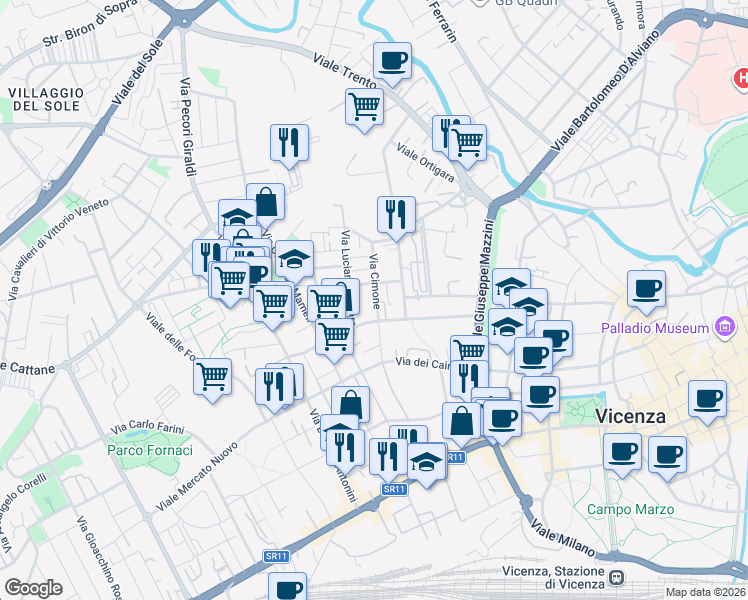 map of restaurants, bars, coffee shops, grocery stores, and more near 34 Via Battaglione Framarin in Vicenza