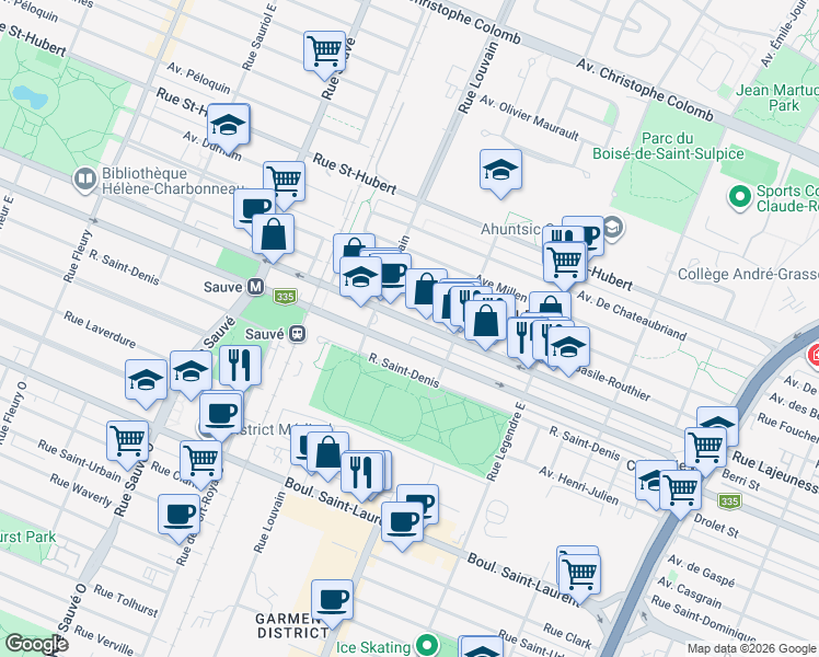 map of restaurants, bars, coffee shops, grocery stores, and more near 9380 Rue Lajeunesse in Montréal