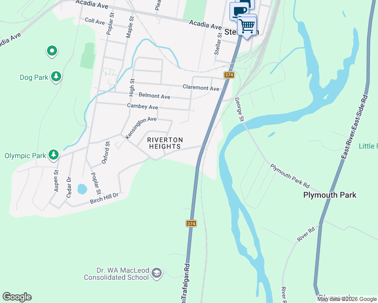 map of restaurants, bars, coffee shops, grocery stores, and more near 1 Weir Avenue in Stellarton
