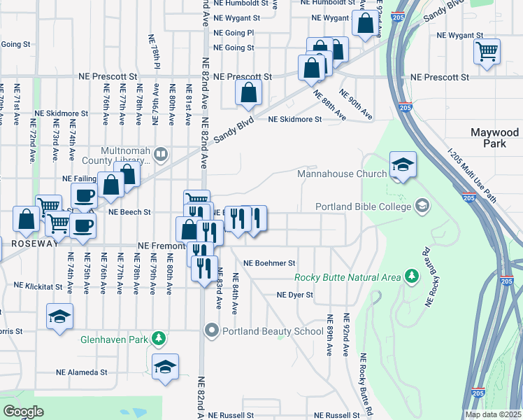 map of restaurants, bars, coffee shops, grocery stores, and more near 8525 Northeast Milton Street in Portland