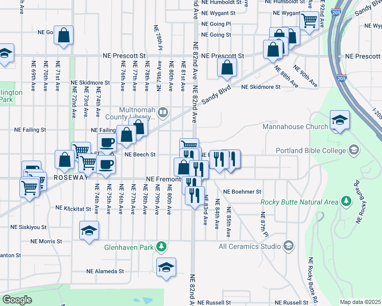 map of restaurants, bars, coffee shops, grocery stores, and more near 3610 Northeast 82nd Avenue in Portland