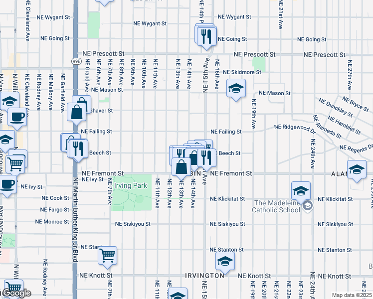 map of restaurants, bars, coffee shops, grocery stores, and more near 3619 Northeast 14th Avenue in Portland