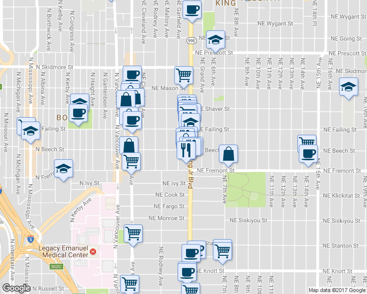 map of restaurants, bars, coffee shops, grocery stores, and more near 3606 Northeast Garfield Avenue in Portland