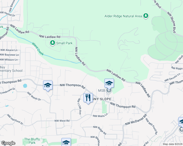 map of restaurants, bars, coffee shops, grocery stores, and more near 3660 Northwest Marcotte Road in Portland