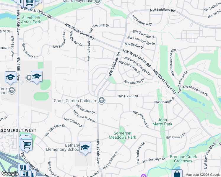 map of restaurants, bars, coffee shops, grocery stores, and more near 17209 Northwest Tucson Street in Beaverton