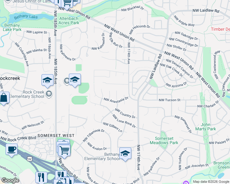 map of restaurants, bars, coffee shops, grocery stores, and more near 4064 Northwest 176th Avenue in Portland