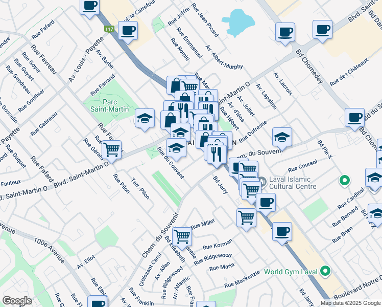 map of restaurants, bars, coffee shops, grocery stores, and more near 1605 Rue Gratton in Laval