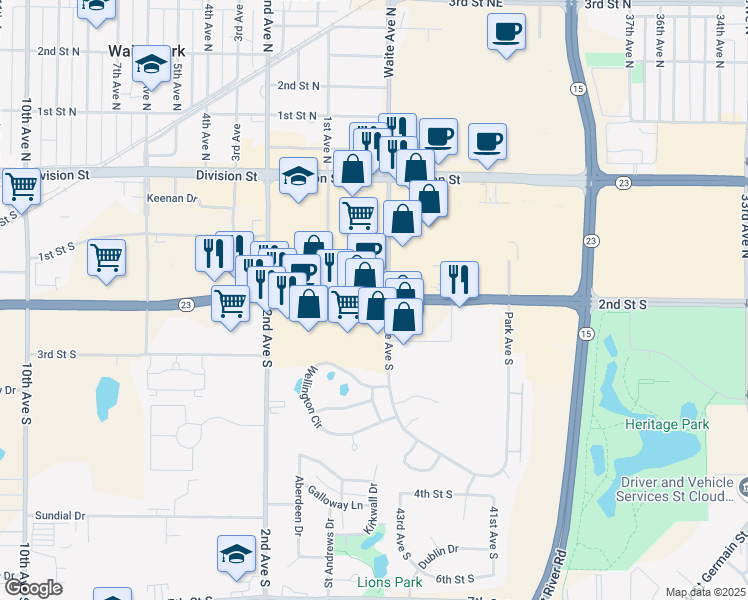 map of restaurants, bars, coffee shops, grocery stores, and more near 40 2nd Street South in Waite Park