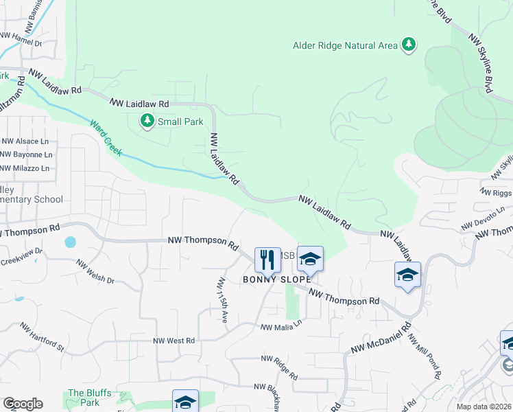 map of restaurants, bars, coffee shops, grocery stores, and more near 3660 Northwest Marcotte Road in Portland