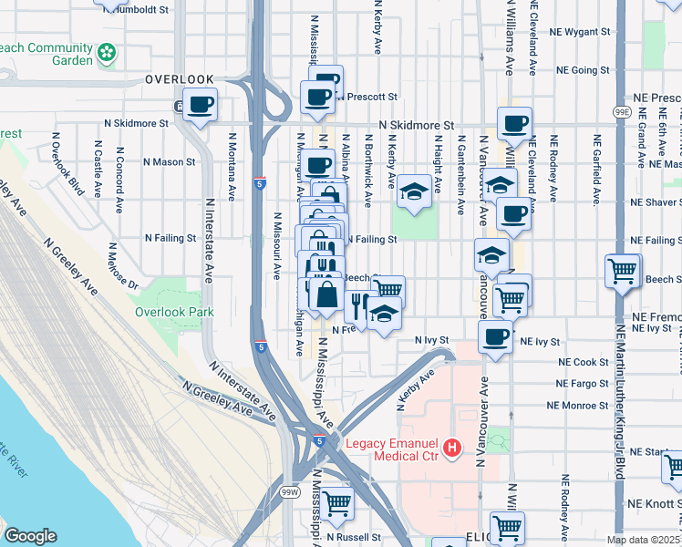 map of restaurants, bars, coffee shops, grocery stores, and more near 3611 North Albina Avenue in Portland