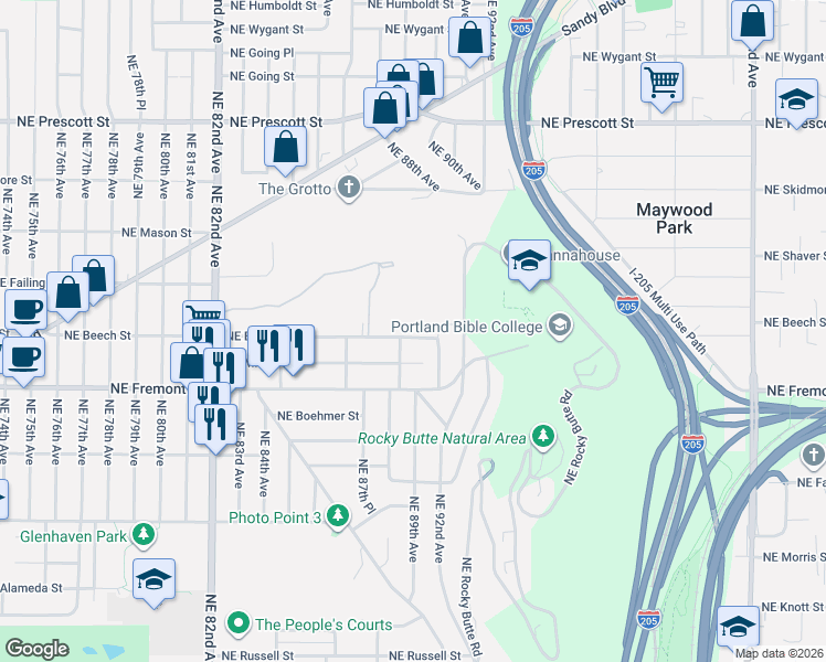 map of restaurants, bars, coffee shops, grocery stores, and more near 8845 Northeast Beech Street in Portland