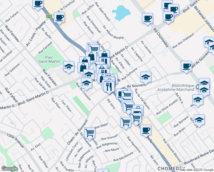 map of restaurants, bars, coffee shops, grocery stores, and more near 1540 Boulevard Curé-Labelle in Laval