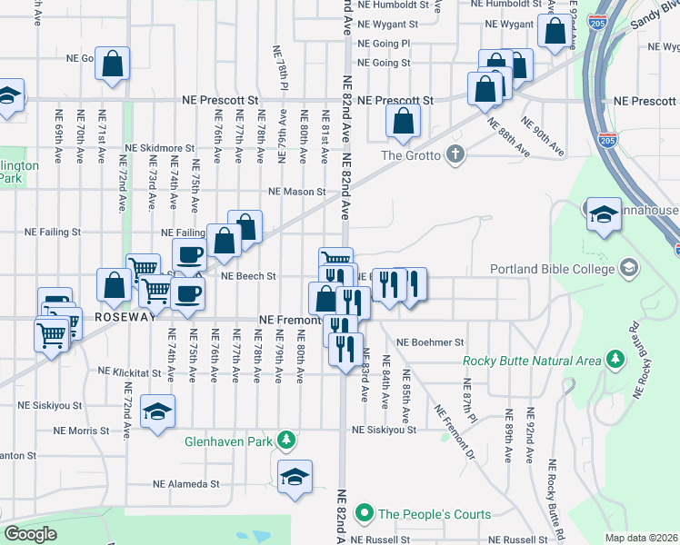 map of restaurants, bars, coffee shops, grocery stores, and more near 3610 Northeast 82nd Avenue in Portland