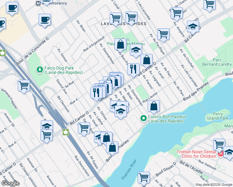 map of restaurants, bars, coffee shops, grocery stores, and more near 109 Avenue Breton in Laval