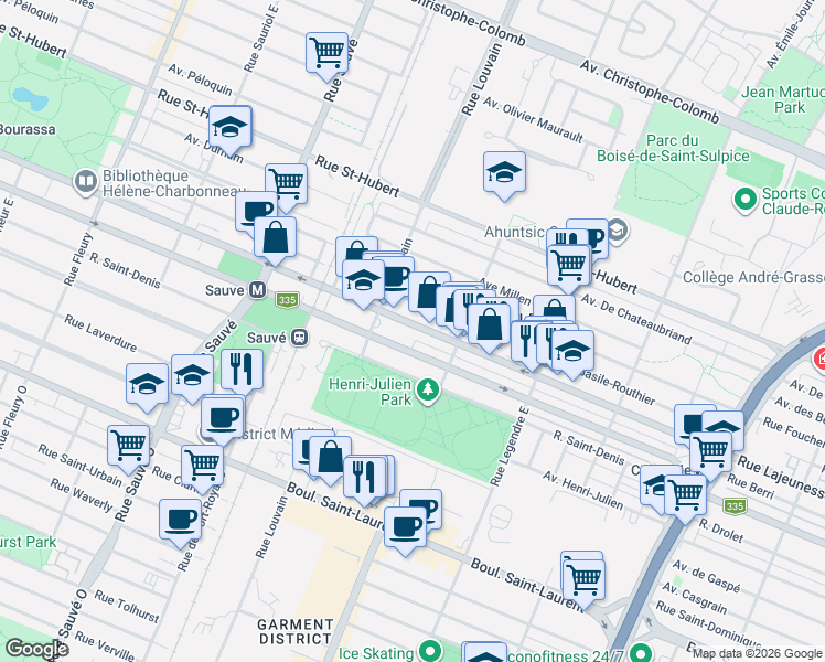 map of restaurants, bars, coffee shops, grocery stores, and more near 9380 Rue Lajeunesse in Montréal