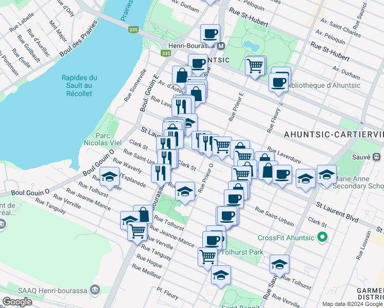 map of restaurants, bars, coffee shops, grocery stores, and more near 10600 Boulevard Saint-Laurent in Montréal