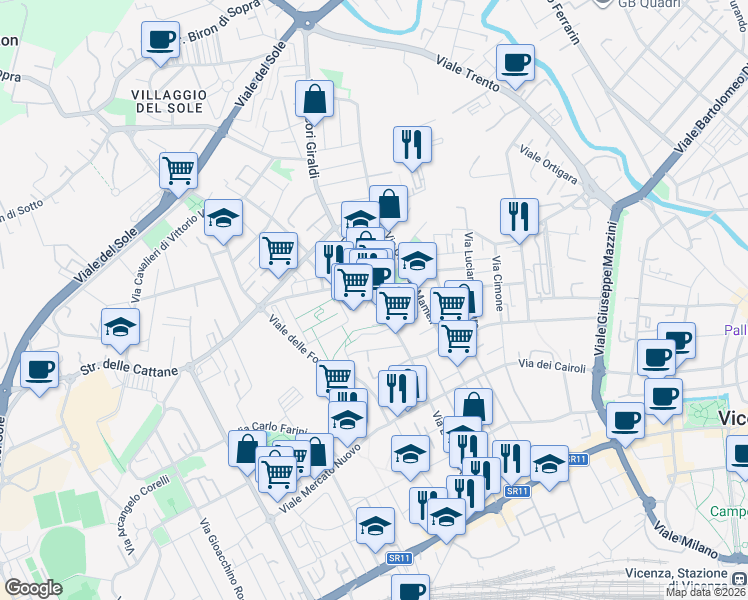 map of restaurants, bars, coffee shops, grocery stores, and more near 179 Via Legione Antonini in Vicenza
