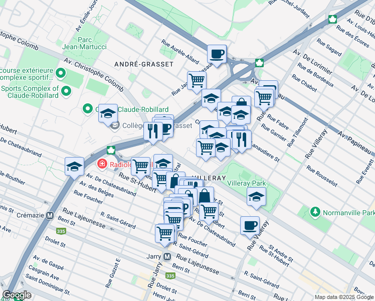 map of restaurants, bars, coffee shops, grocery stores, and more near 1121 Mistral Street in Montreal
