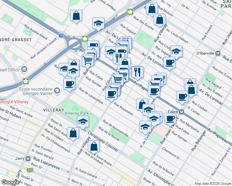 map of restaurants, bars, coffee shops, grocery stores, and more near 1453 Rue Villeray in Montréal