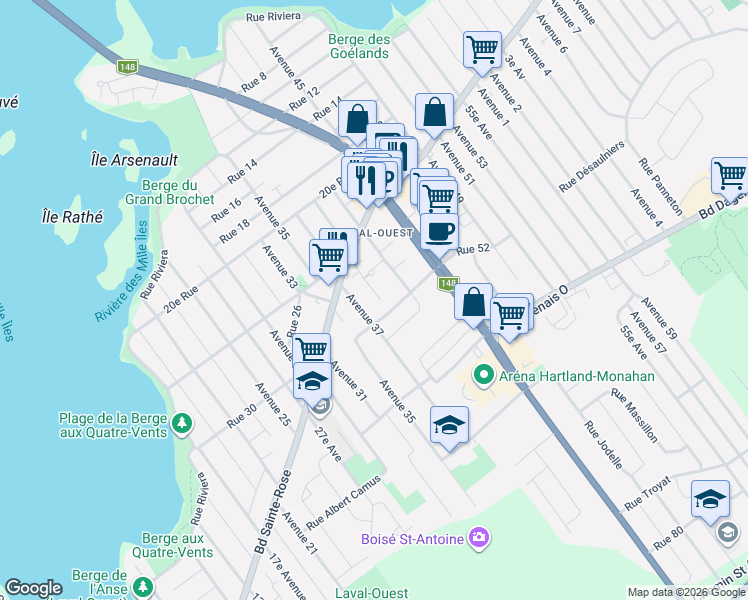 map of restaurants, bars, coffee shops, grocery stores, and more near 3910 Boulevard Sainte-Rose in Laval