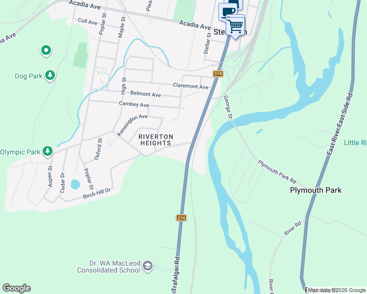 map of restaurants, bars, coffee shops, grocery stores, and more near 1 Weir Avenue in Stellarton