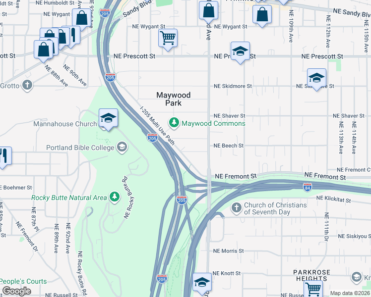 map of restaurants, bars, coffee shops, grocery stores, and more near 9925 Northeast Alton Street in Portland