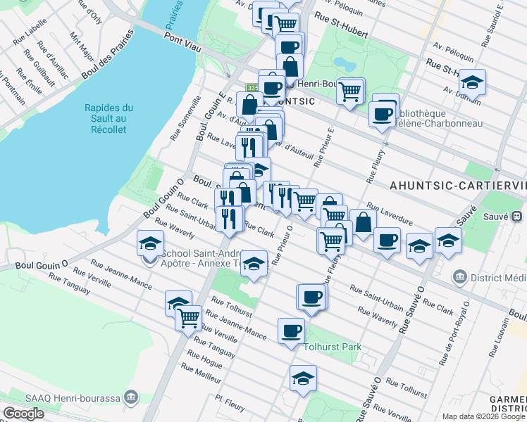 map of restaurants, bars, coffee shops, grocery stores, and more near 10600 Boulevard Saint-Laurent in Montréal