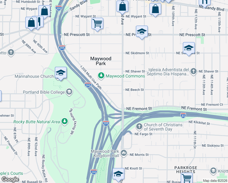 map of restaurants, bars, coffee shops, grocery stores, and more near 10043 Northeast Alton Street in Portland