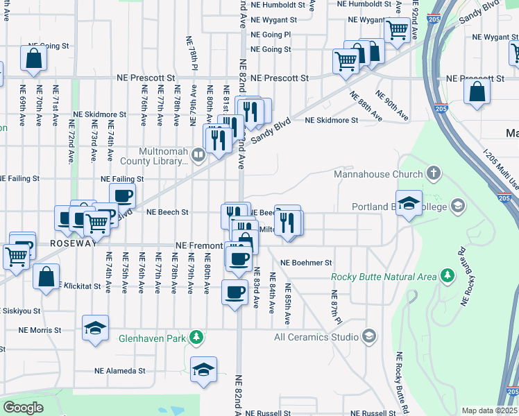 map of restaurants, bars, coffee shops, grocery stores, and more near 3828 Northeast 82nd Avenue in Portland