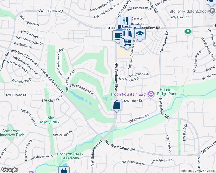map of restaurants, bars, coffee shops, grocery stores, and more near 15634 Northwest Claremont Drive in Portland