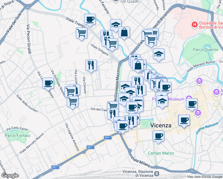 map of restaurants, bars, coffee shops, grocery stores, and more near 227 Viale Giuseppe Mazzini in Vicenza