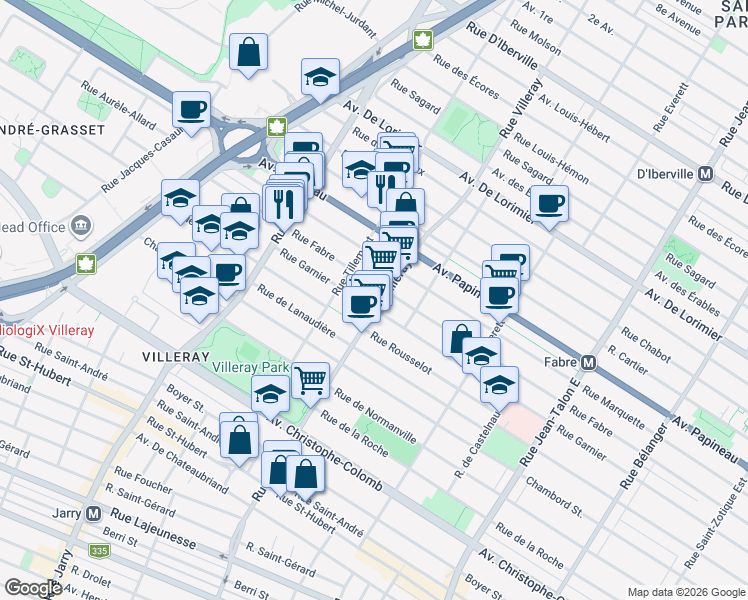 map of restaurants, bars, coffee shops, grocery stores, and more near 1453 Rue Villeray in Montréal