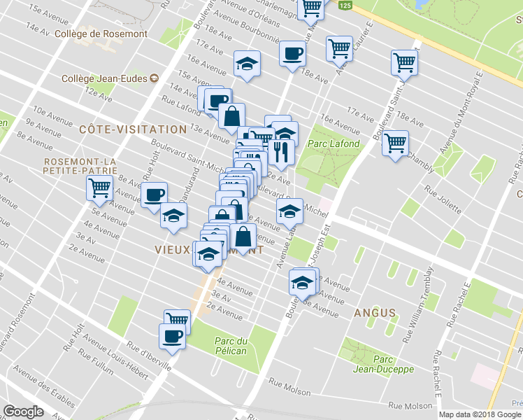 map of restaurants, bars, coffee shops, grocery stores, and more near 5344 10e Avenue in Montréal