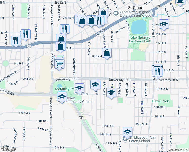 map of restaurants, bars, coffee shops, grocery stores, and more near 823 16th Avenue South in St. Cloud