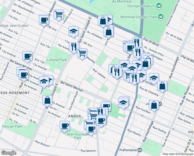map of restaurants, bars, coffee shops, grocery stores, and more near 4285 Rue Moïse Picard in Montréal