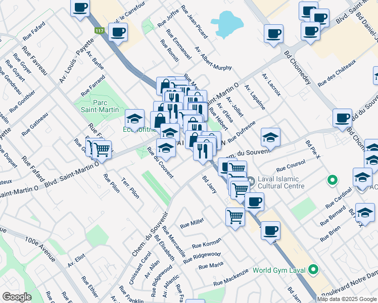map of restaurants, bars, coffee shops, grocery stores, and more near 1600 Rue Robinson in Laval