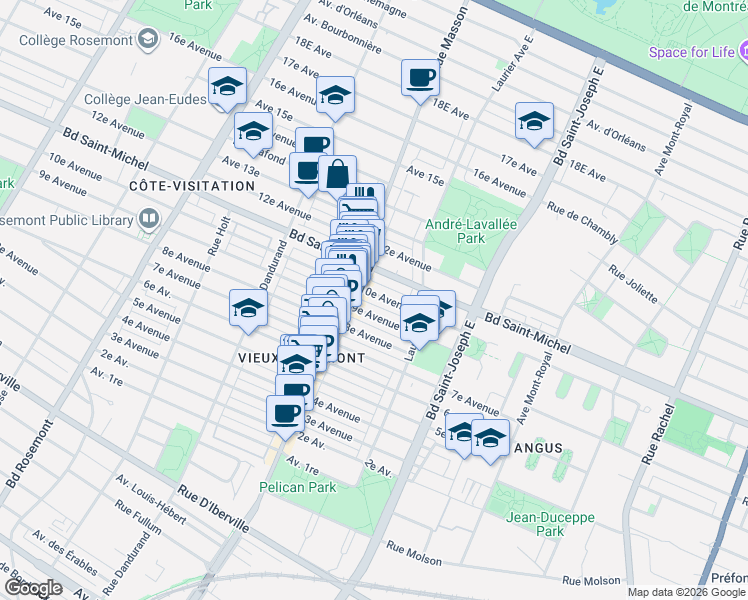 map of restaurants, bars, coffee shops, grocery stores, and more near 5352 10e Avenue in Montréal