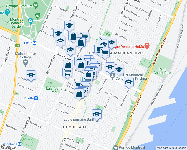 map of restaurants, bars, coffee shops, grocery stores, and more near 4045 Rue Ontario Est in Montréal