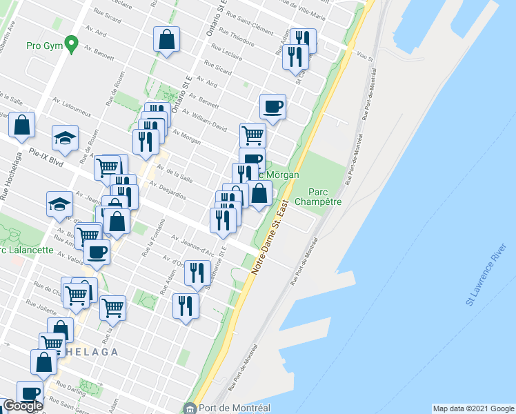 map of restaurants, bars, coffee shops, grocery stores, and more near 579 Avenue de la Salle in Montréal