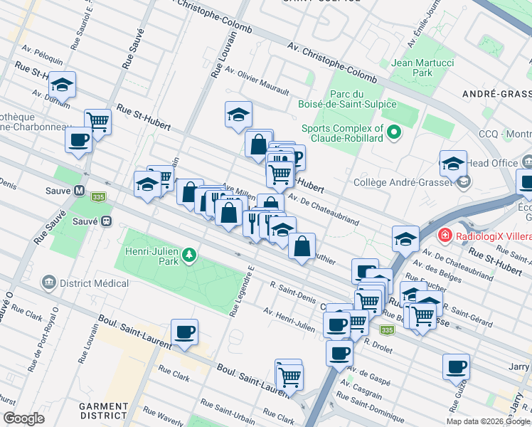 map of restaurants, bars, coffee shops, grocery stores, and more near 9117 Rue Foucher in Montréal