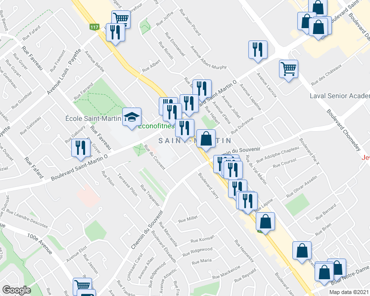 map of restaurants, bars, coffee shops, grocery stores, and more near 1600 Rue Robinson in Laval