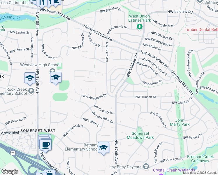 map of restaurants, bars, coffee shops, grocery stores, and more near 4185 Northwest Chaparral Terrace in Beaverton