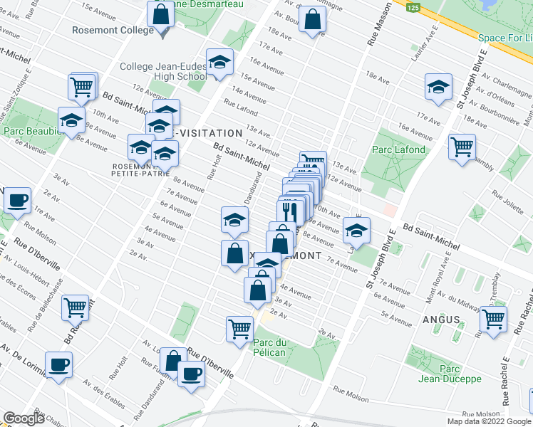 map of restaurants, bars, coffee shops, grocery stores, and more near 5543 8e Avenue in Montréal