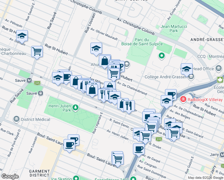 map of restaurants, bars, coffee shops, grocery stores, and more near 668 Rue Legendre Est in Montréal