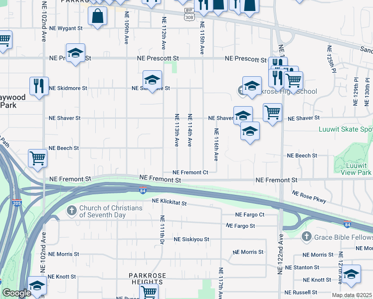map of restaurants, bars, coffee shops, grocery stores, and more near 3735 Northeast 114th Avenue in Portland