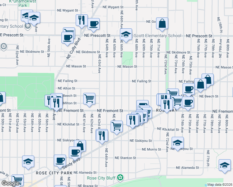 map of restaurants, bars, coffee shops, grocery stores, and more near 3813 Northeast 65th Avenue in Portland