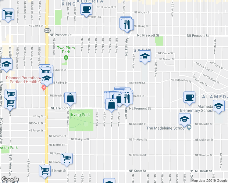 map of restaurants, bars, coffee shops, grocery stores, and more near 3827 Northeast 14th Avenue in Portland