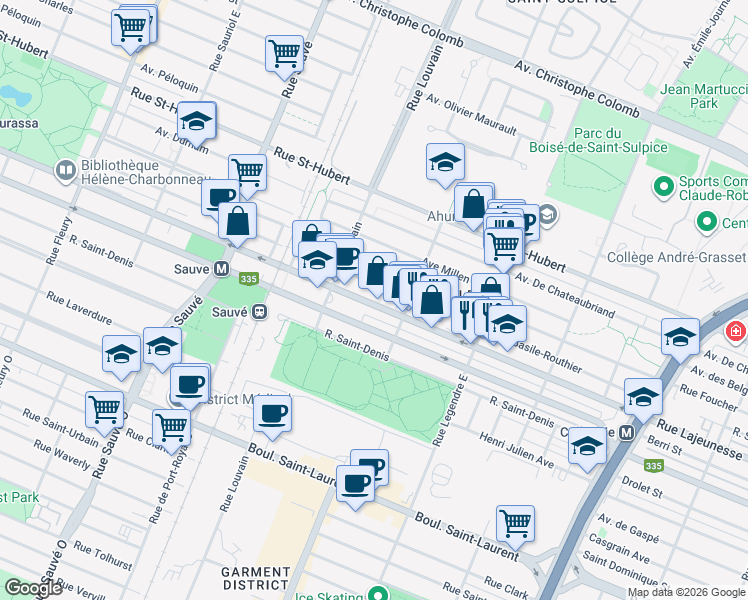 map of restaurants, bars, coffee shops, grocery stores, and more near 9377 Rue Lajeunesse in Montréal